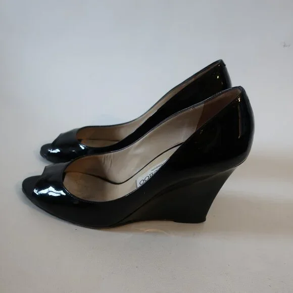 Women Jimmy Choo Baxen Black Patent Leather Peep Toe Wedge Pumps Heels 36 US/6